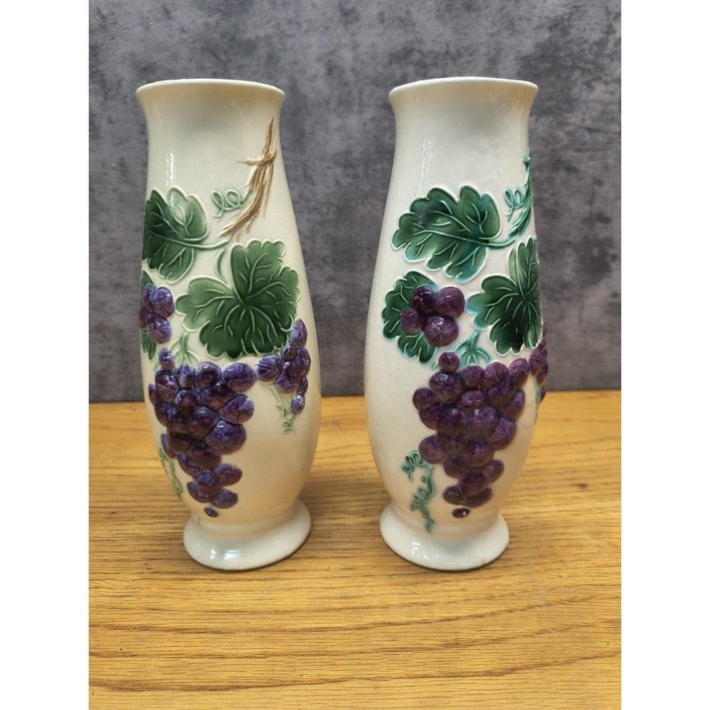 Lot Of 2 Vintage Hand-Painted‎ Grape Ceramic Vase